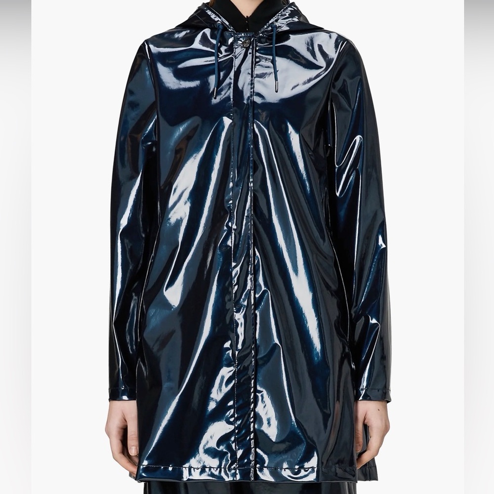 RAINS A-Line Long Jacket W3 Hooded | `Spill’ Shiny Dark Blue | Women L | NWT NEW - Picture 5 of 8